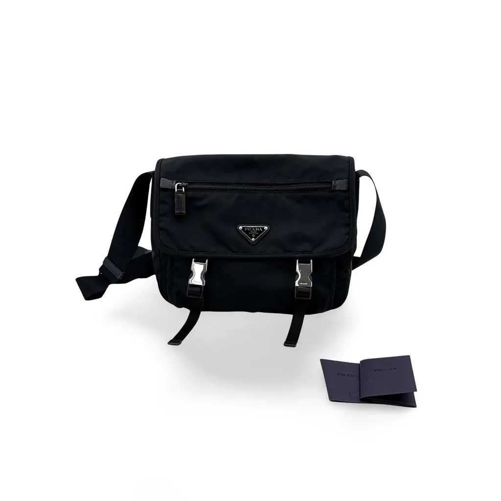Prada Re-Nylon and Saffiano Leather Messenger Bag Black Black Polyamide Good - Back View