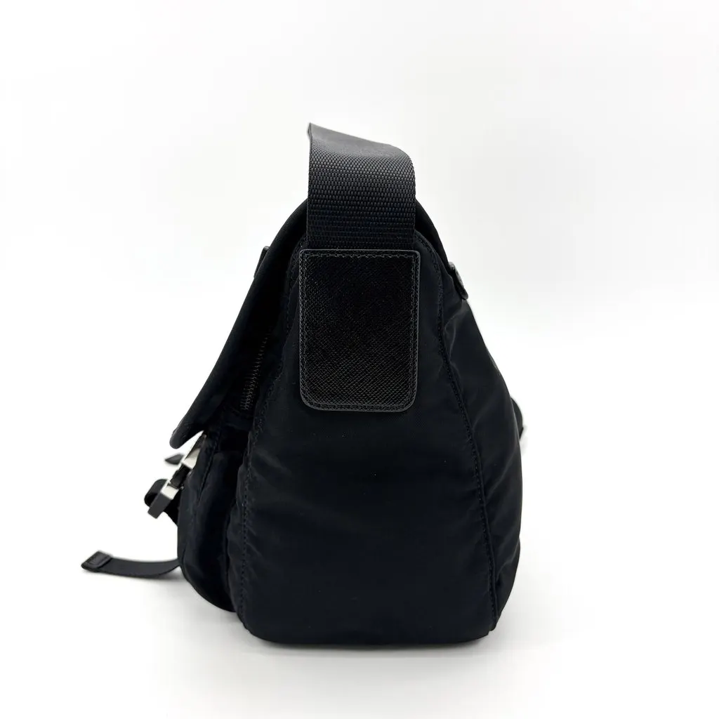 Prada Re-Nylon and Saffiano Leather Messenger Bag Black Black Polyamide Good - Model View