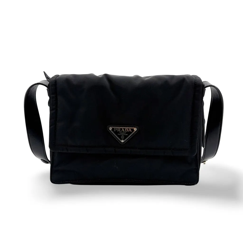 Prada Re-Nylon and Saffiano Leather Messenger Bag Black Black Polyamide Good - Front View