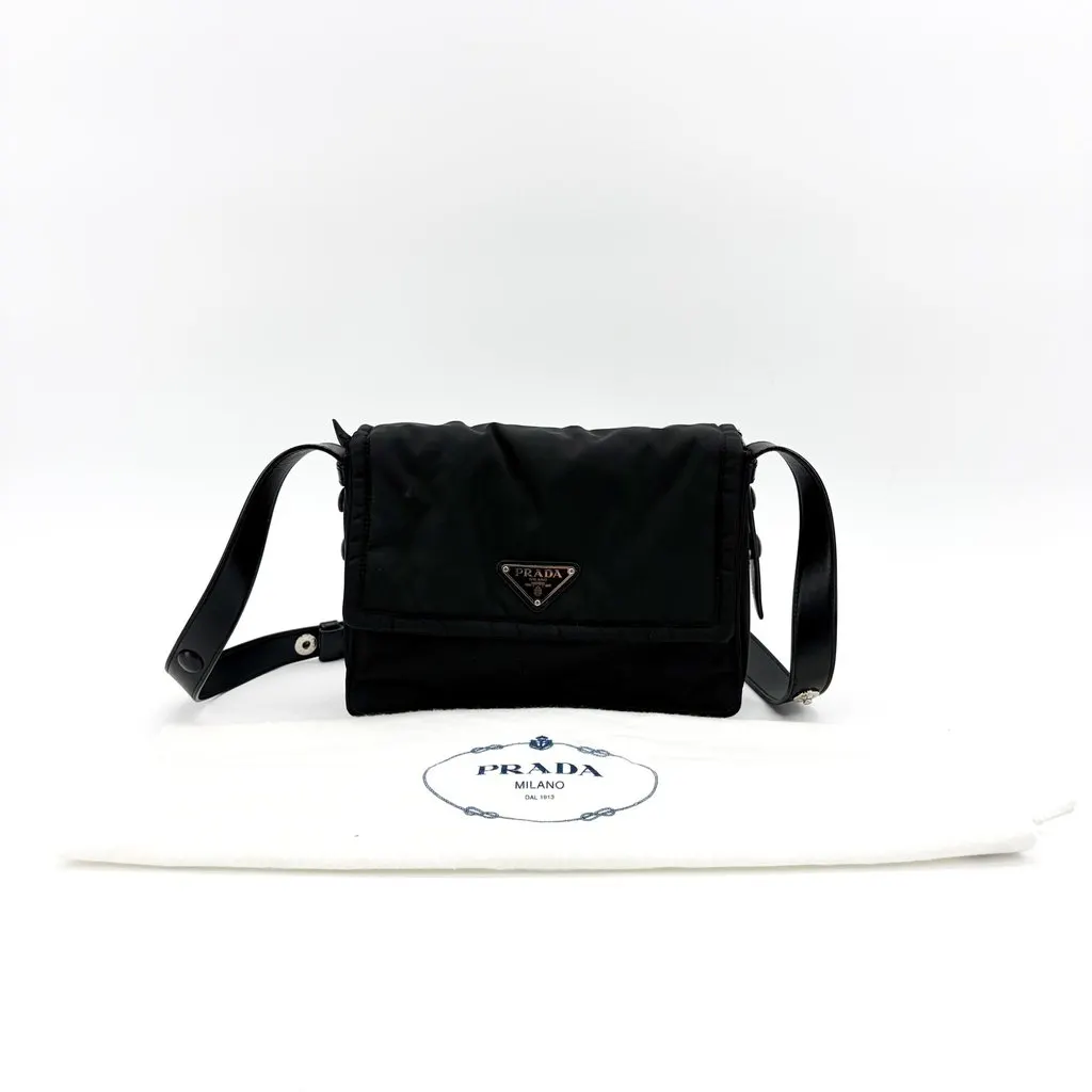Prada Re-Nylon and Saffiano Leather Messenger Bag Black Black Polyamide Good - Back View