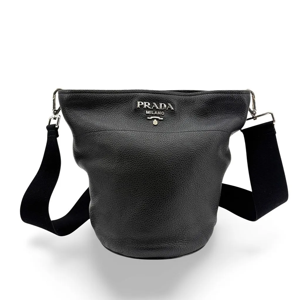 Prada Vitello Dino Leather Bucket Bag Black Silver Hardware Black Leather Good - Front View