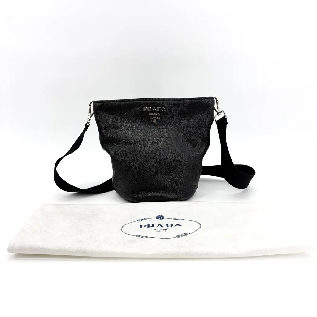 Prada Vitello Dino Leather Bucket Bag Black Silver Hardware Black Leather Good - Back View