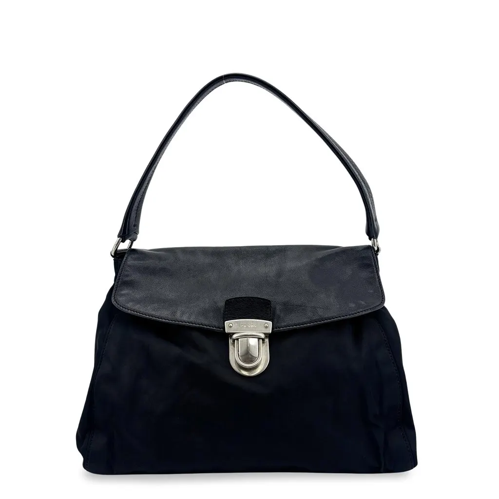 Prada Tessuto Nylon Leather Flap Shoulder Bag Black Black Polyamide Good - Front View