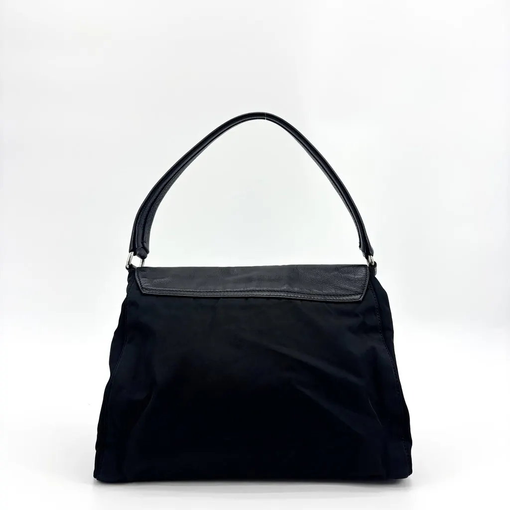 Prada Tessuto Nylon Leather Flap Shoulder Bag Black Black Polyamide Good - Back View