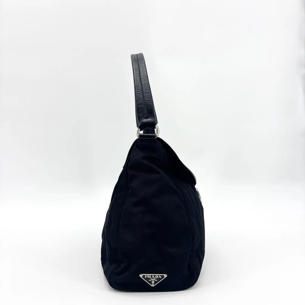 Prada Tessuto Nylon Leather Flap Shoulder Bag Black Black Polyamide Good - Model View