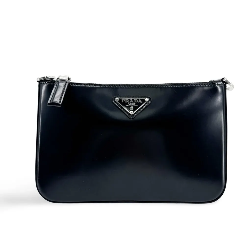 Prada Brushed Leather Mini Shoulder Bag Black Black Leather Good - Front View