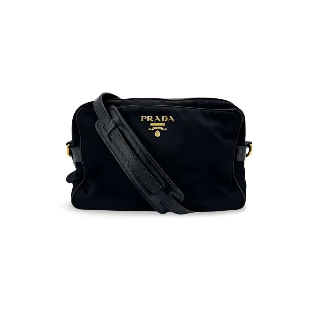 Prada Tessuto Nylon Camera Shoulder Bag Black Gold Black Polyamide Good - Front View