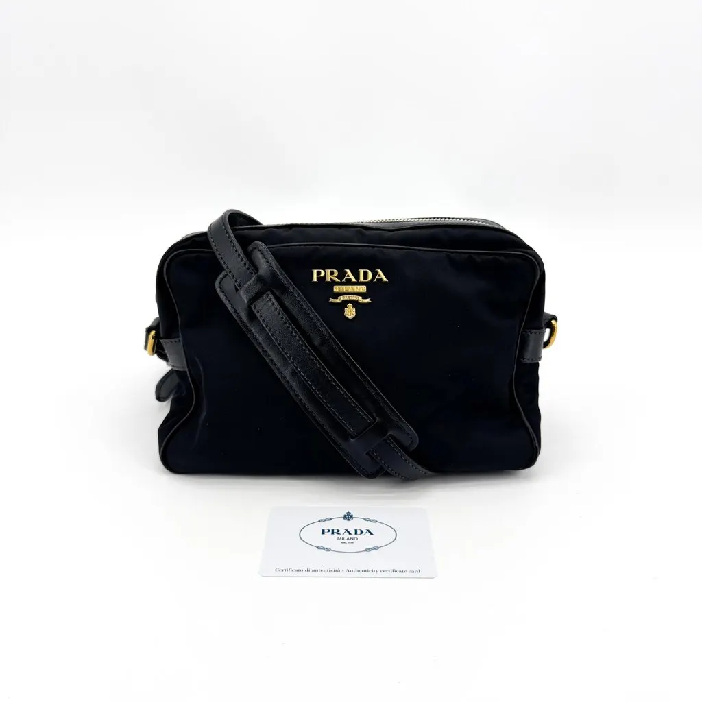 Prada Tessuto Nylon Camera Shoulder Bag Black Gold Black Polyamide Good - Back View