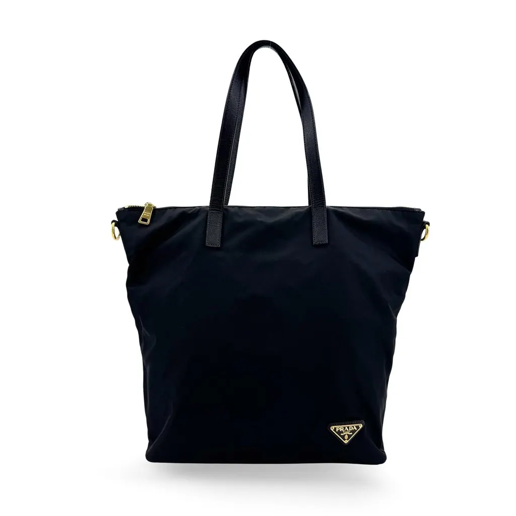 Prada Re-Nylon and Saffiano Leather Tote Bag Black Gold Black Polyamide Very good - Front View