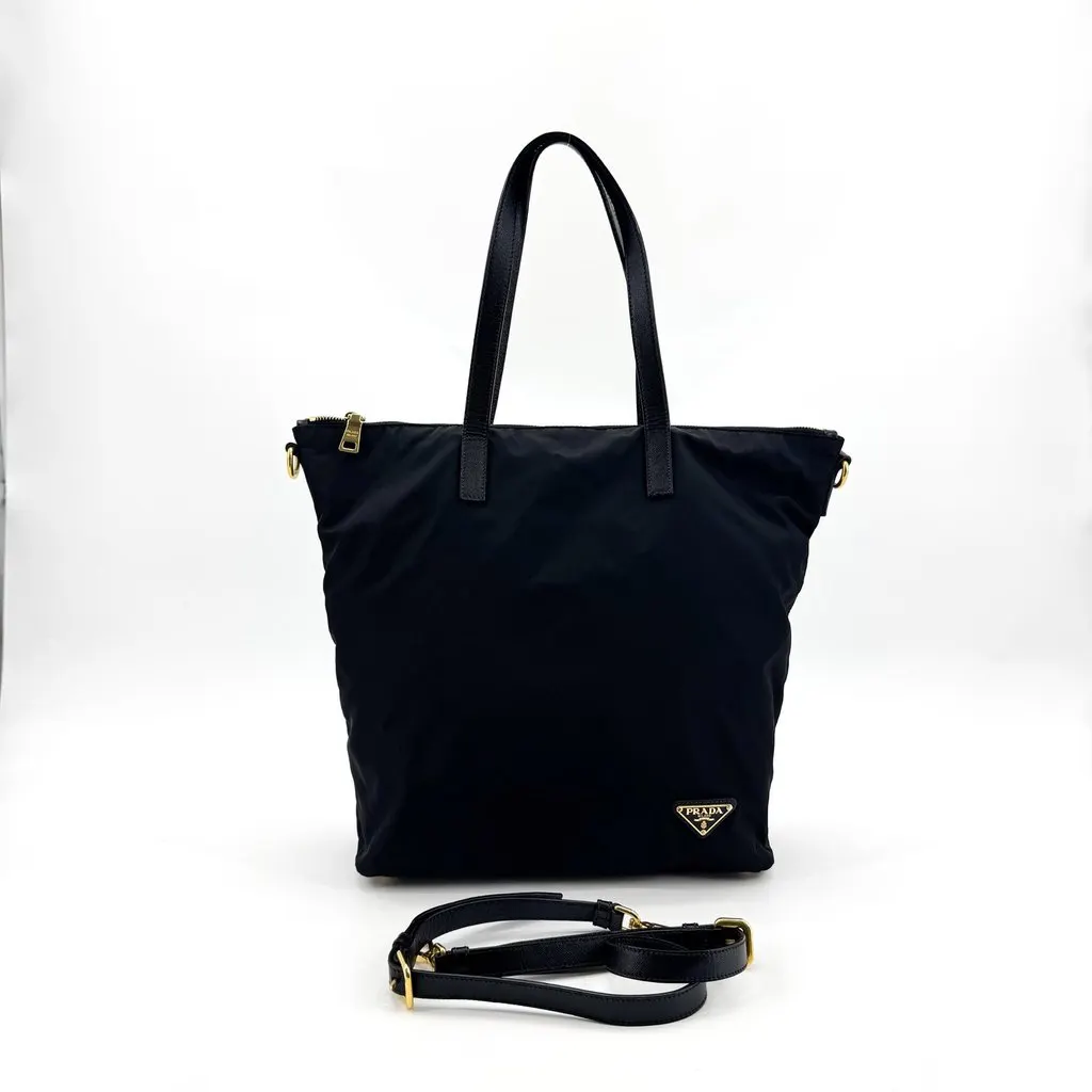 Prada Re-Nylon and Saffiano Leather Tote Bag Black Gold Black Polyamide Very good - Back View