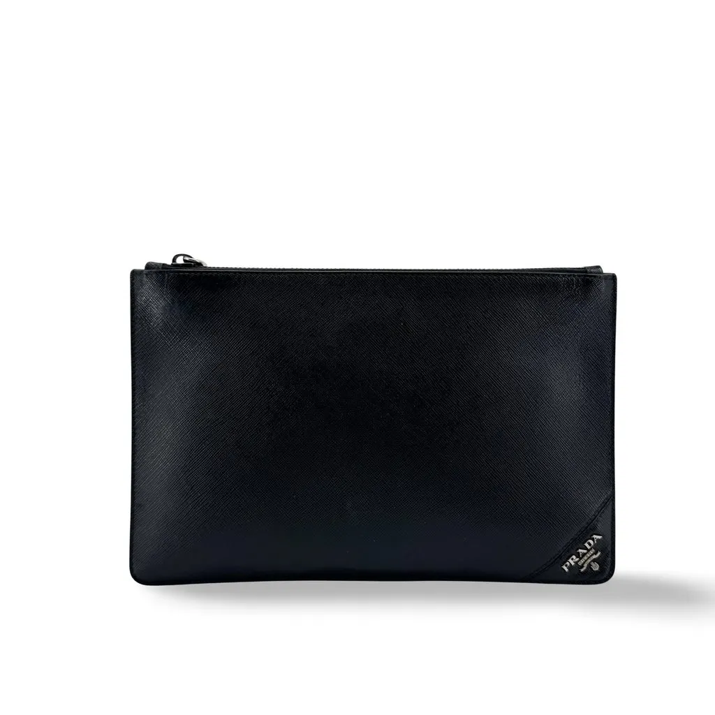 Prada Saffiano Corner Logo Clutch Bag Black Black Leather Good - Front View