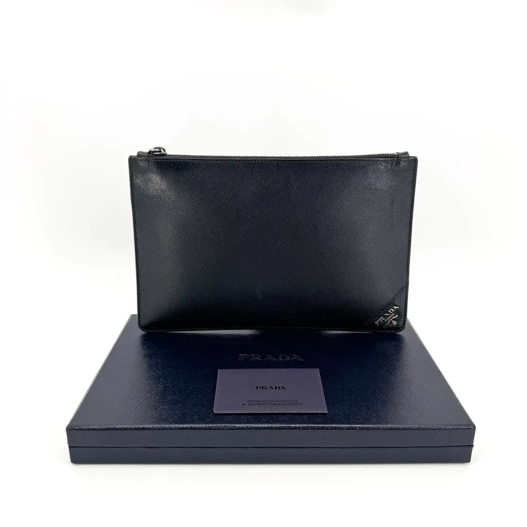 Prada Saffiano Corner Logo Clutch Bag Black Black Leather Good - Back View