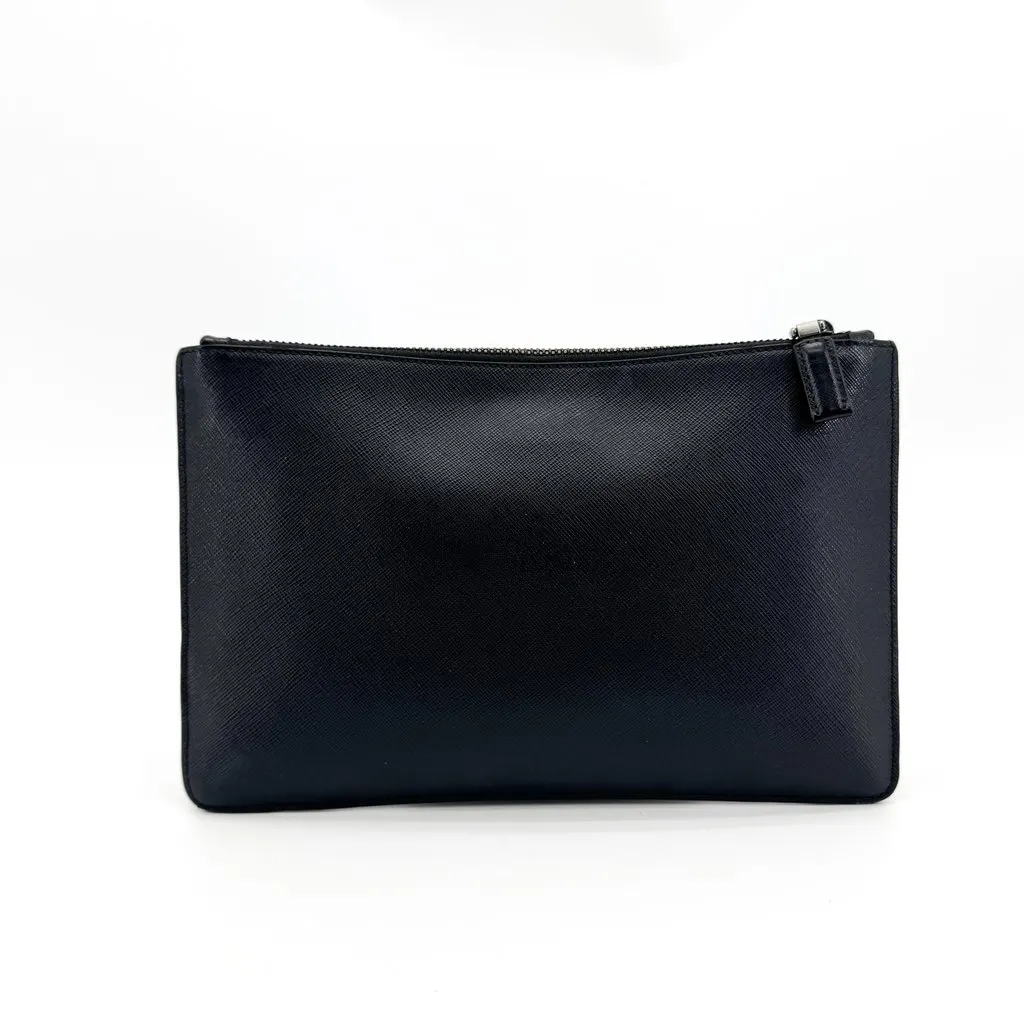 Prada Saffiano Corner Logo Clutch Bag Black Black Leather Good - Inside View