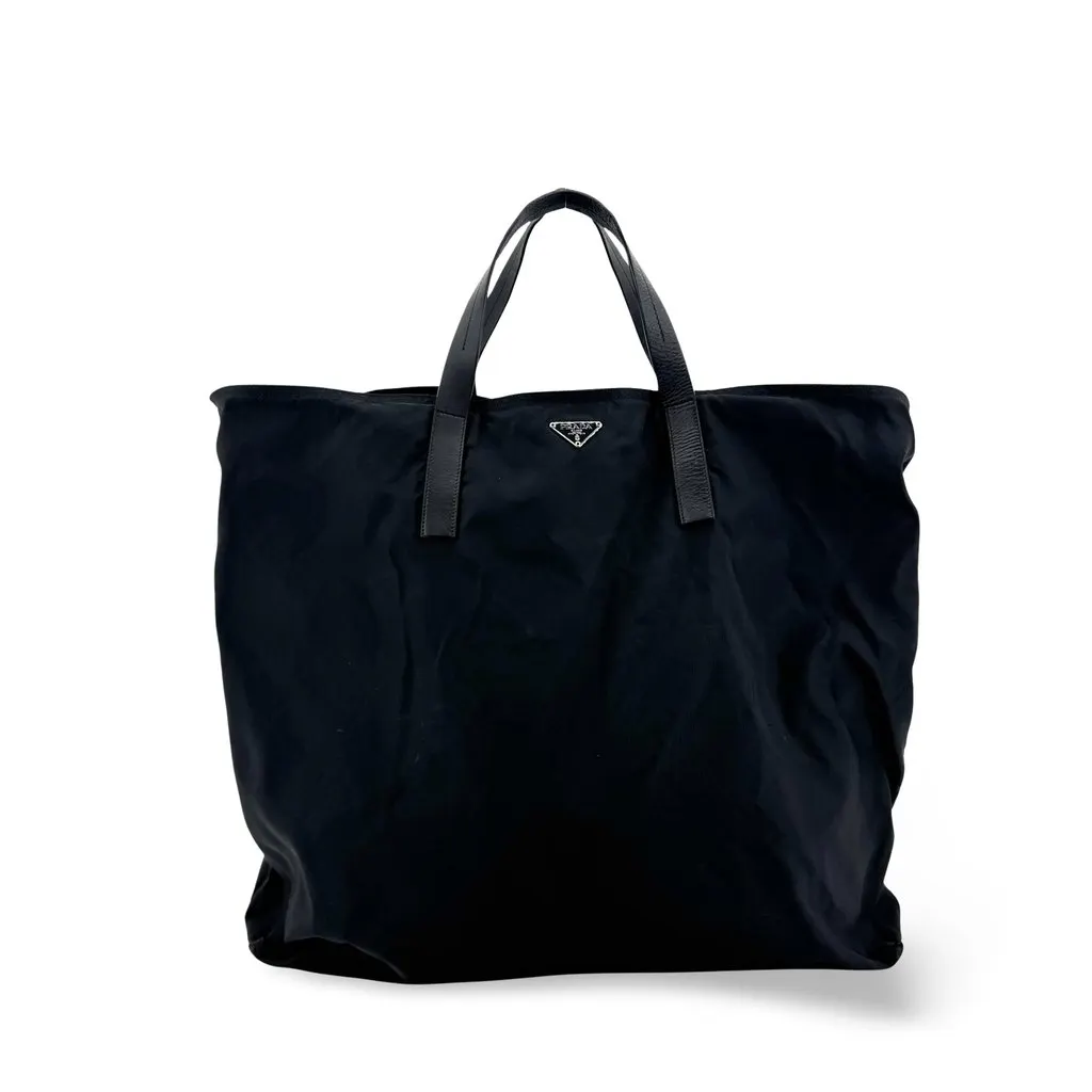 Prada Re-Nylon Leather Handle Tote Bag Black Black Polyamide Good - Front View