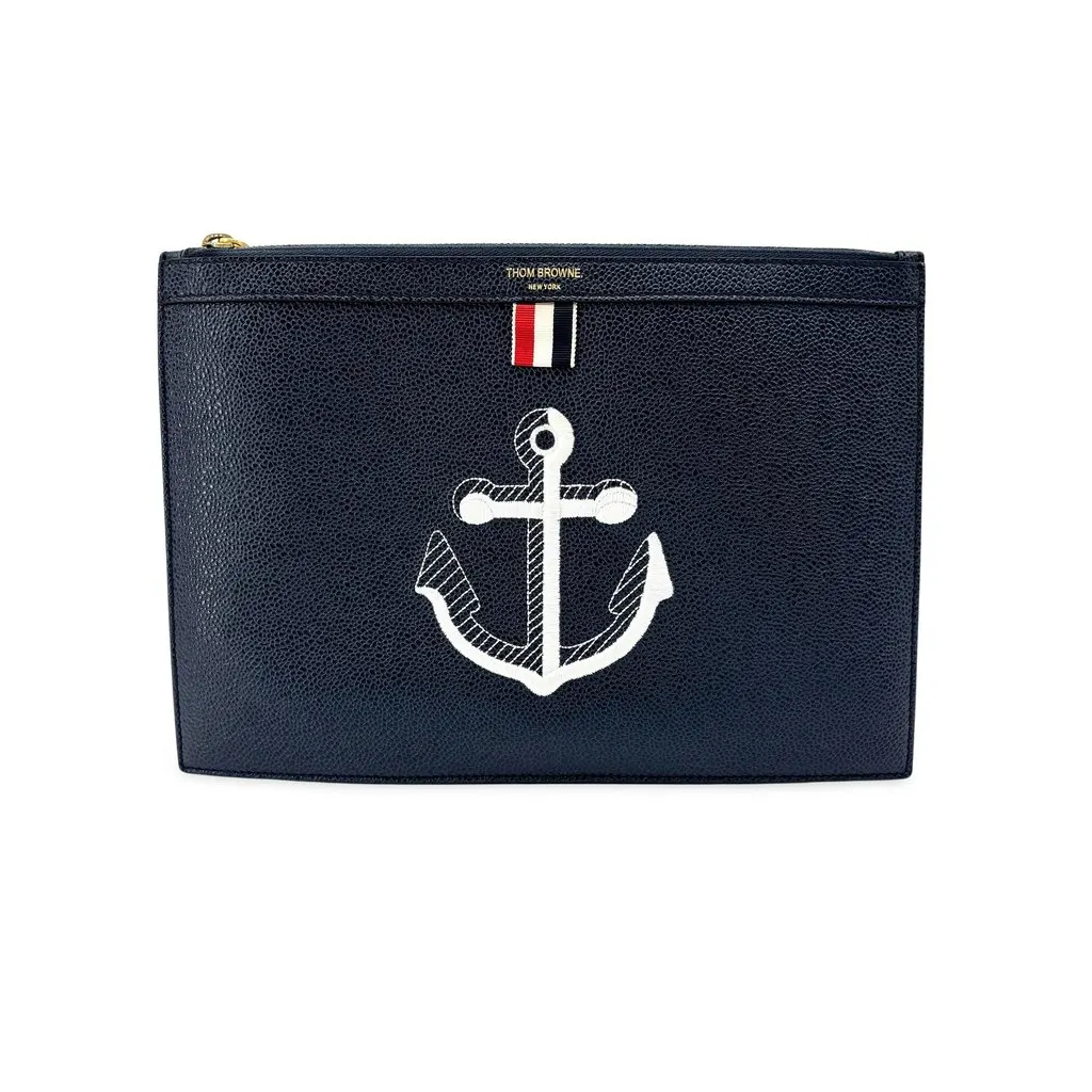 Thom Browne Anchor Embroidered Pebble Leather Document Holder Navy Blue Leather Very good - Front View