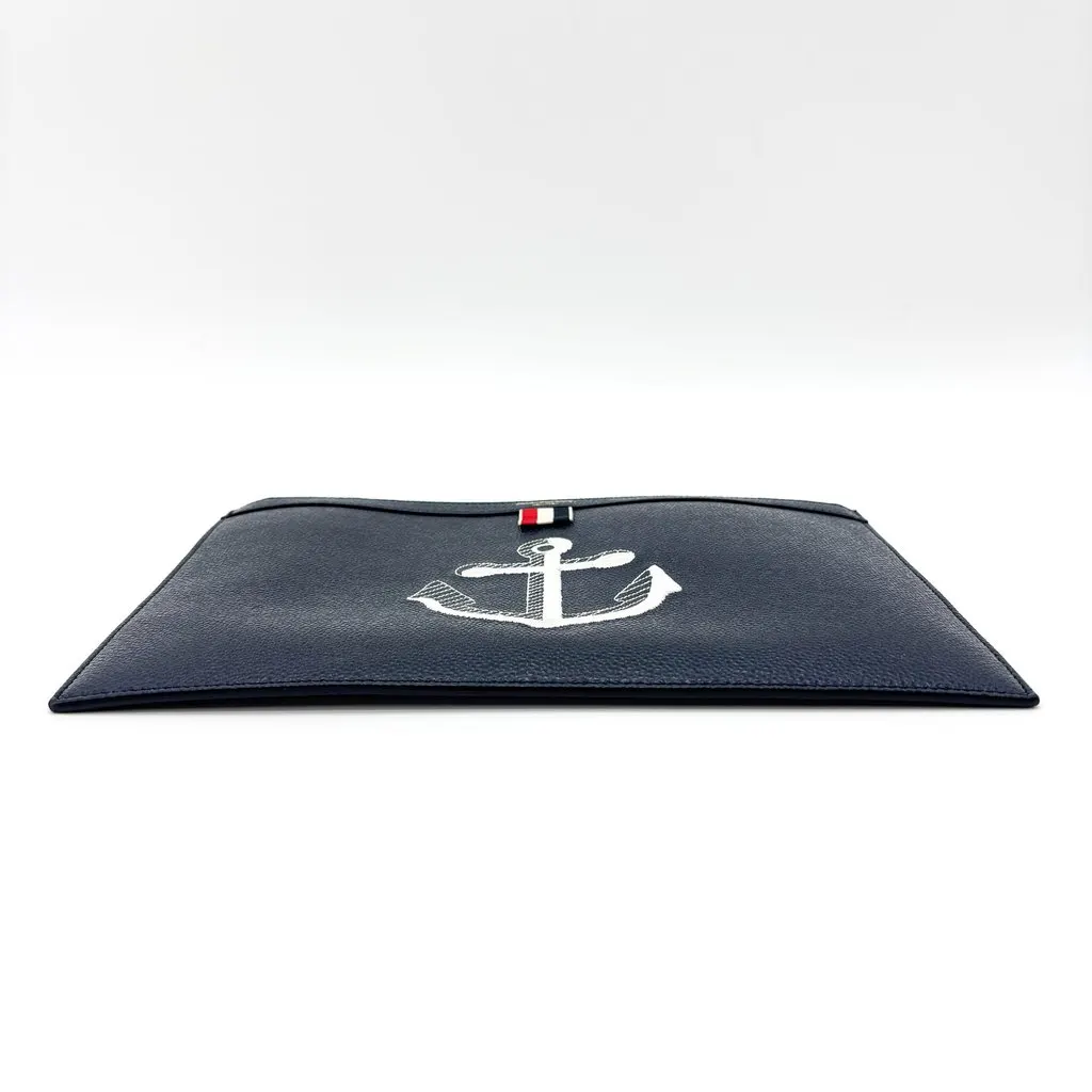 Thom Browne Anchor Embroidered Pebble Leather Document Holder Navy Blue Leather Very good - Box View