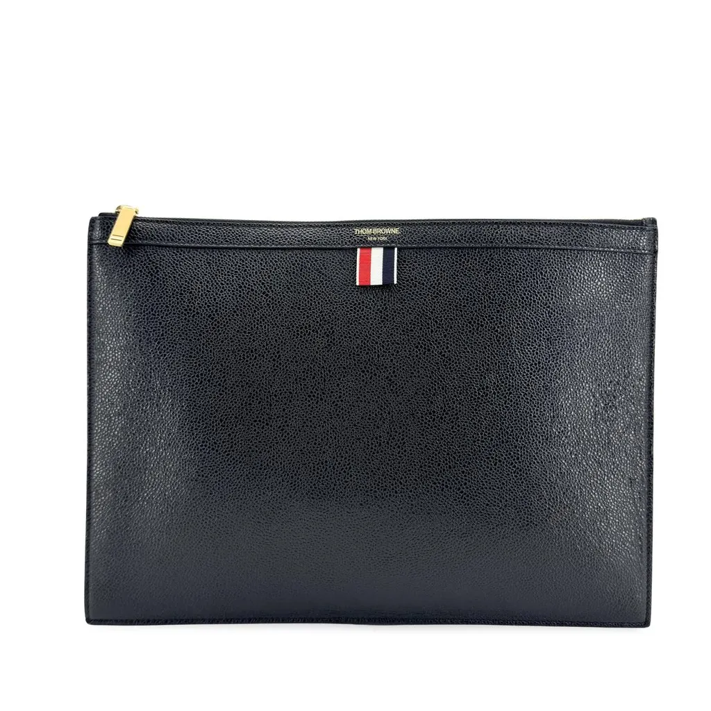 Thom Browne Pebbled Leather Medium Document Holder Black Gold Hardware Black Leather Good - Front View