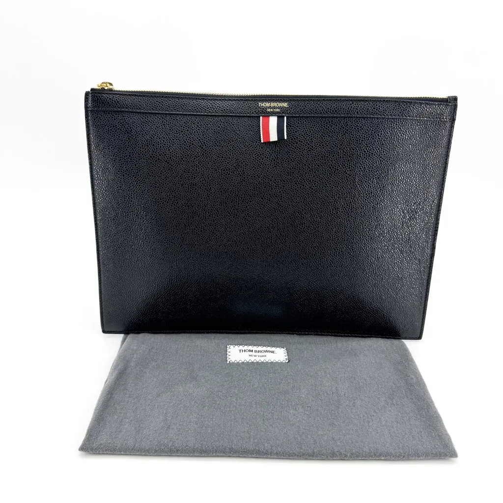Thom Browne Pebbled Leather Medium Document Holder Black Gold Hardware Black Leather Good - Back View