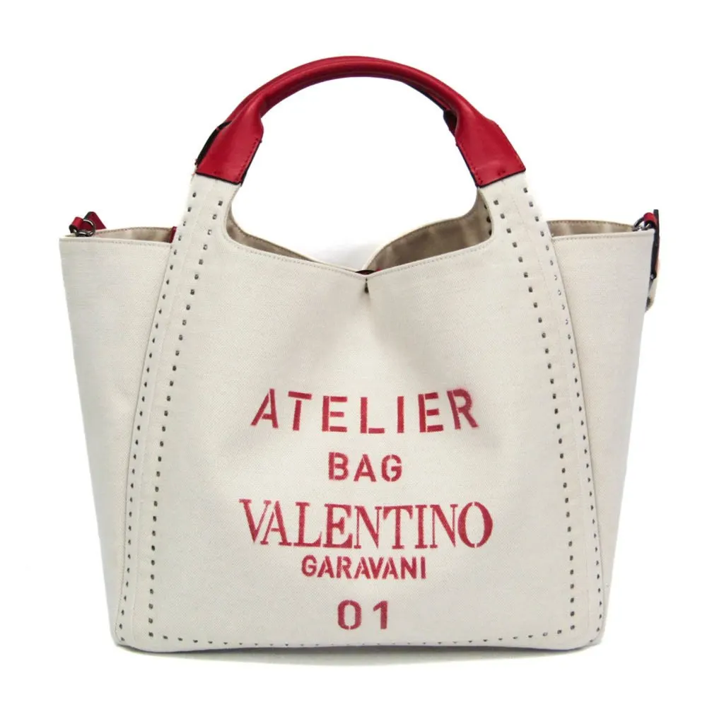Valentino Garavani Atelier Leather Canvas Shoulder Tote Bag Red White Red Leather Good - Front View