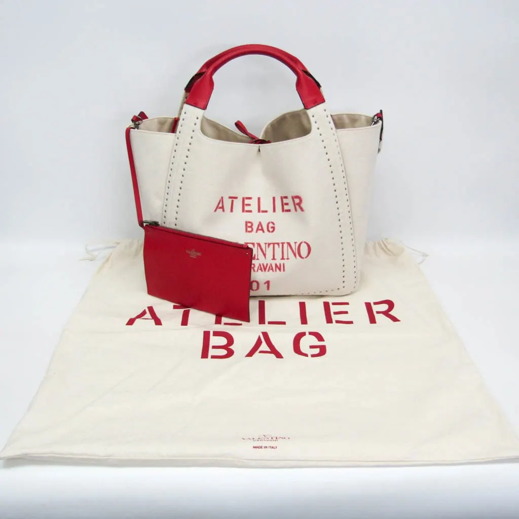 Valentino Garavani Atelier Leather Canvas Shoulder Tote Bag Red White Red Leather Good - Back View