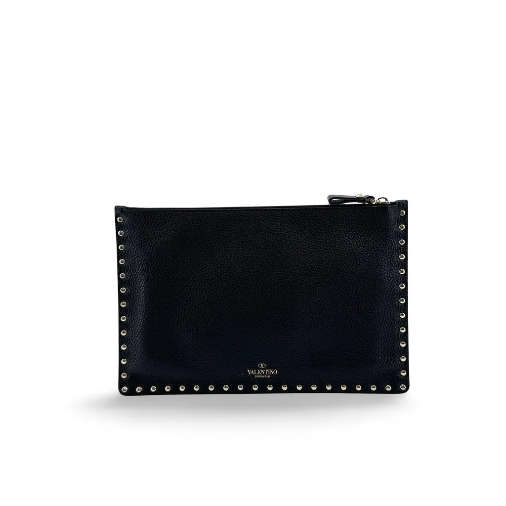 Valentino Garavani Rockstud Leather Clutch Black Black Leather Good - Front View