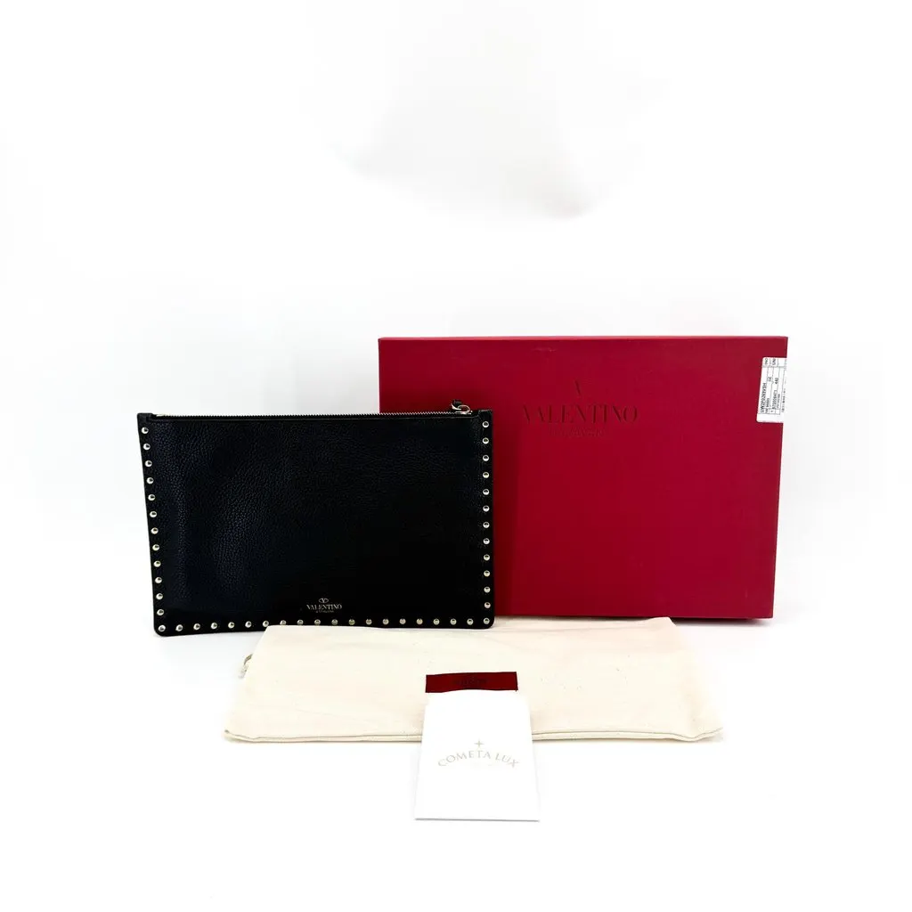 Valentino Garavani Rockstud Leather Clutch Black Black Leather Good - Back View