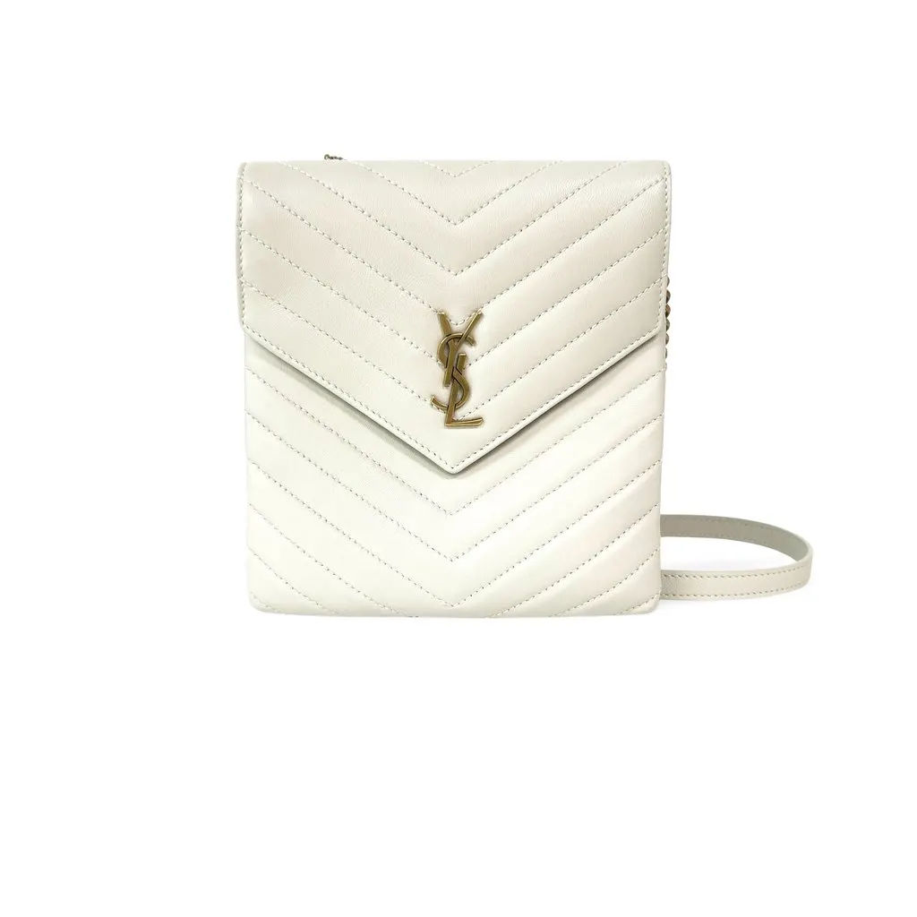 Saint Laurent Monogram Matelassé Phone Holder Shoulder Bag Blanc Vintage Gold Hardware Ecru Leather Good - Front View