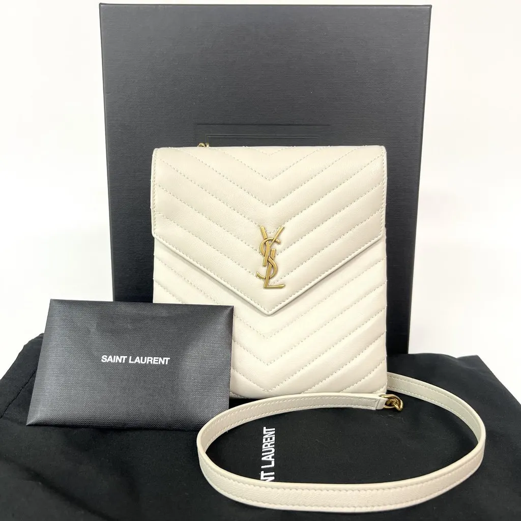 Saint Laurent Monogram Matelassé Phone Holder Shoulder Bag Blanc Vintage Gold Hardware Ecru Leather Good - Back View
