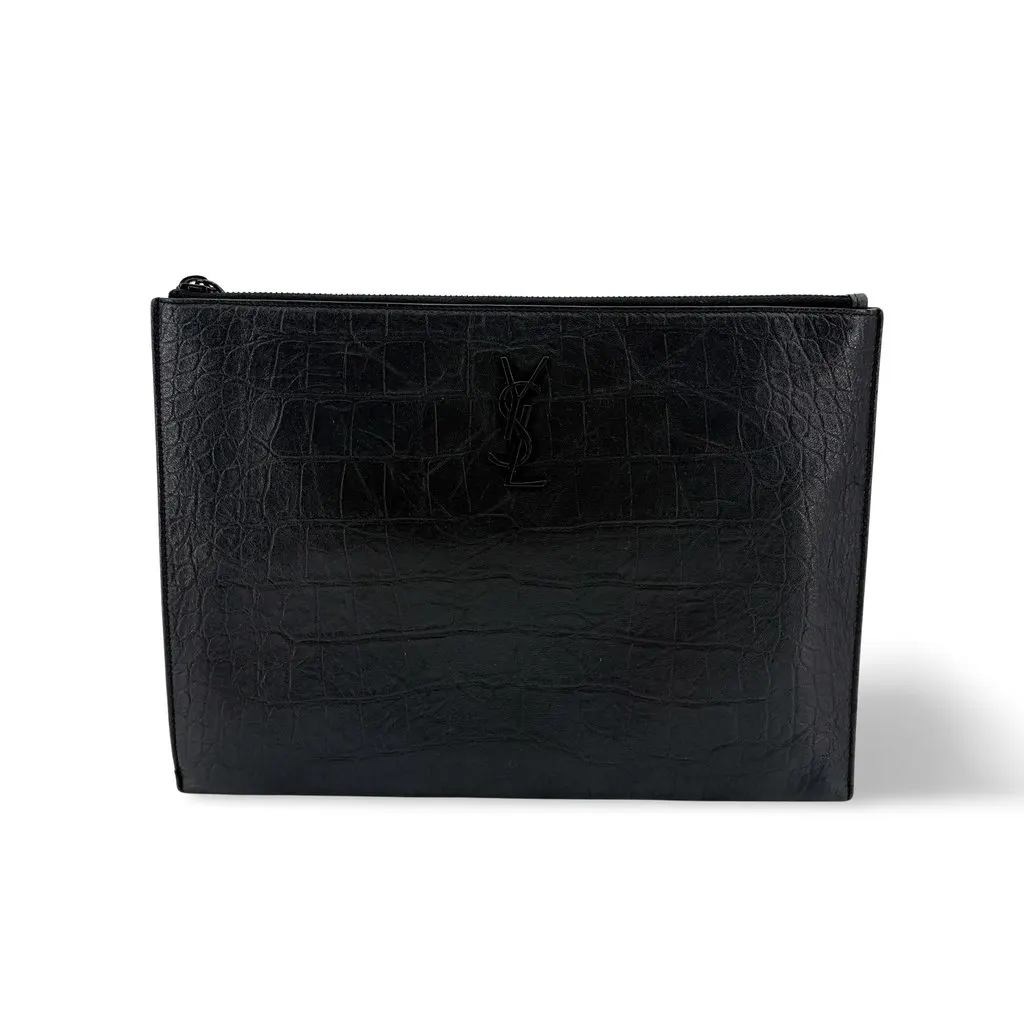 Saint Laurent Monogram Document Case Crocodile Embossed Black Black Leather Very good - Front View