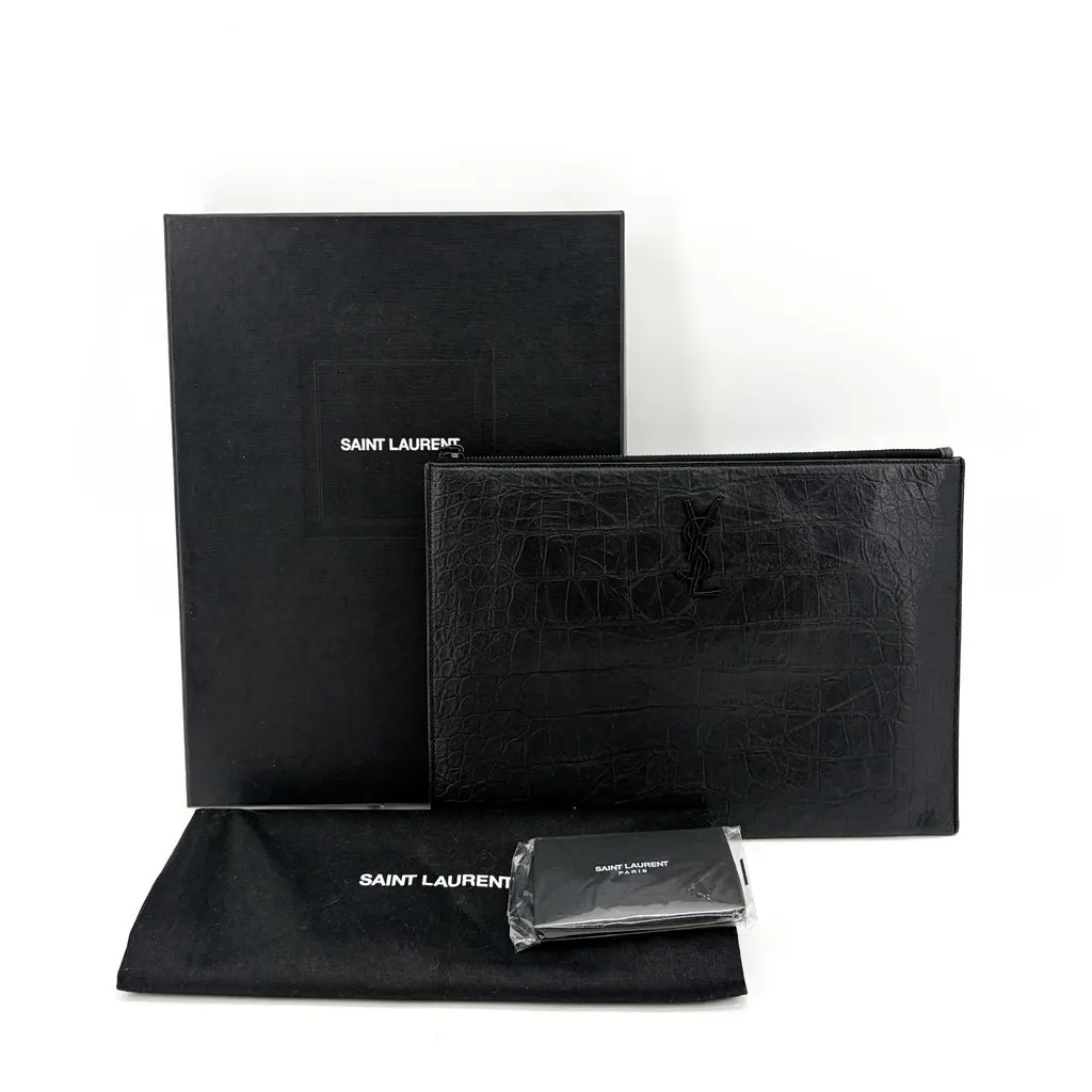 Saint Laurent Monogram Document Case Crocodile Embossed Black Black Leather Very good - Back View