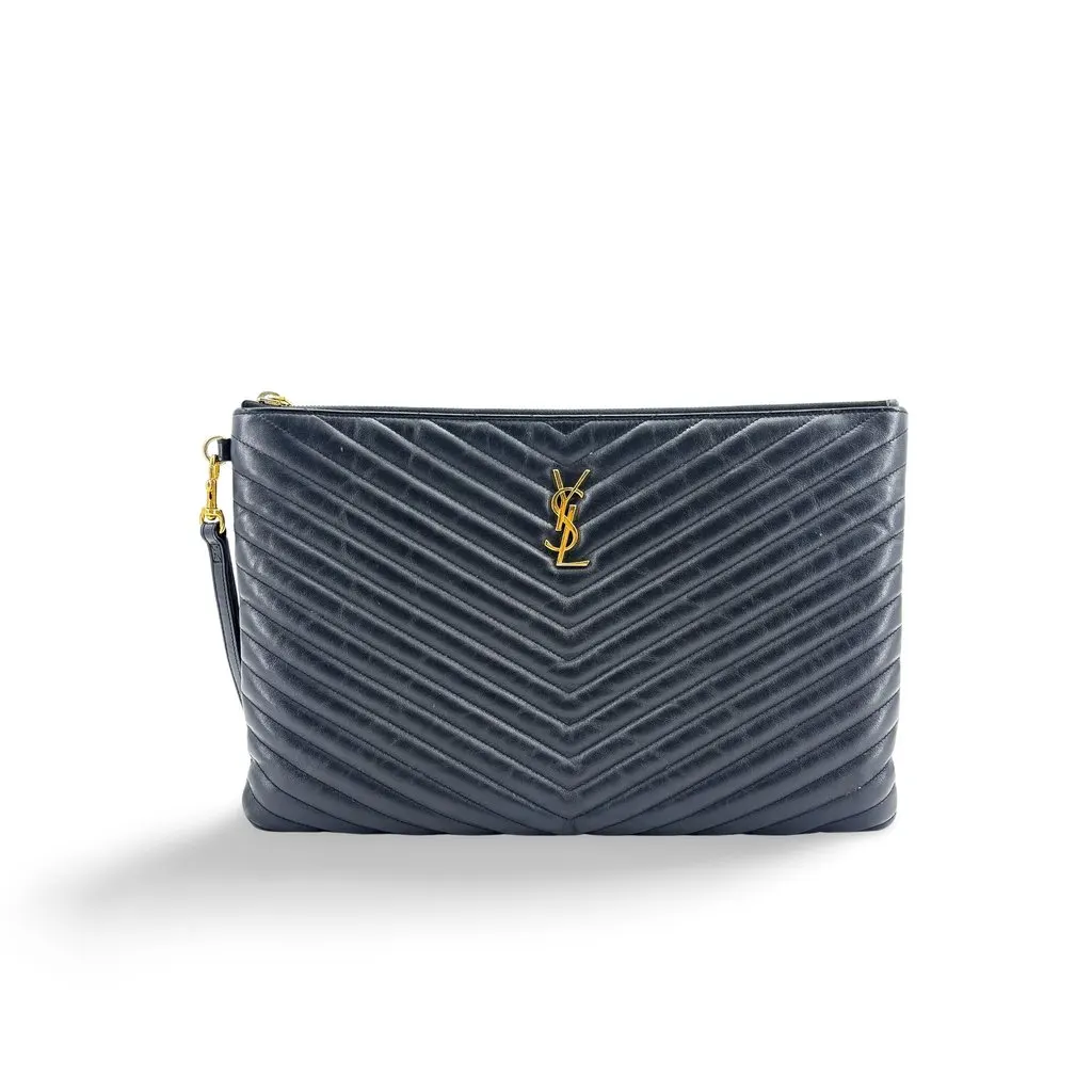Saint Laurent Monogram Matelasse Tablet Pouch Black Gold Hardware Black Leather Very good - Front View