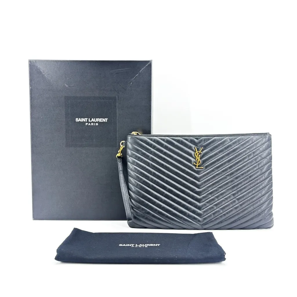 Saint Laurent Monogram Matelasse Tablet Pouch Black Gold Hardware Black Leather Very good - Back View