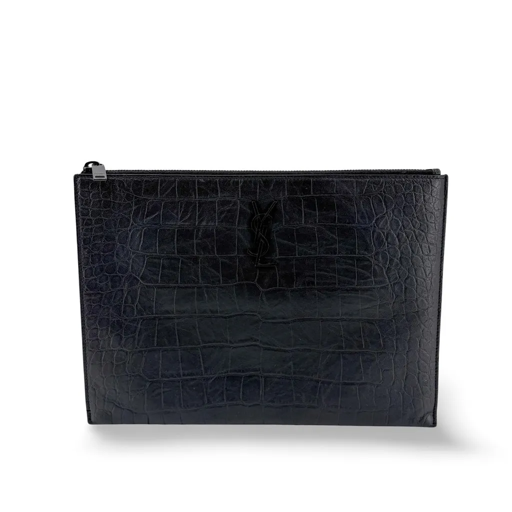 Saint Laurent Monogram Croc-Embossed Leather Document Holder Black Black Leather Very good - Front View