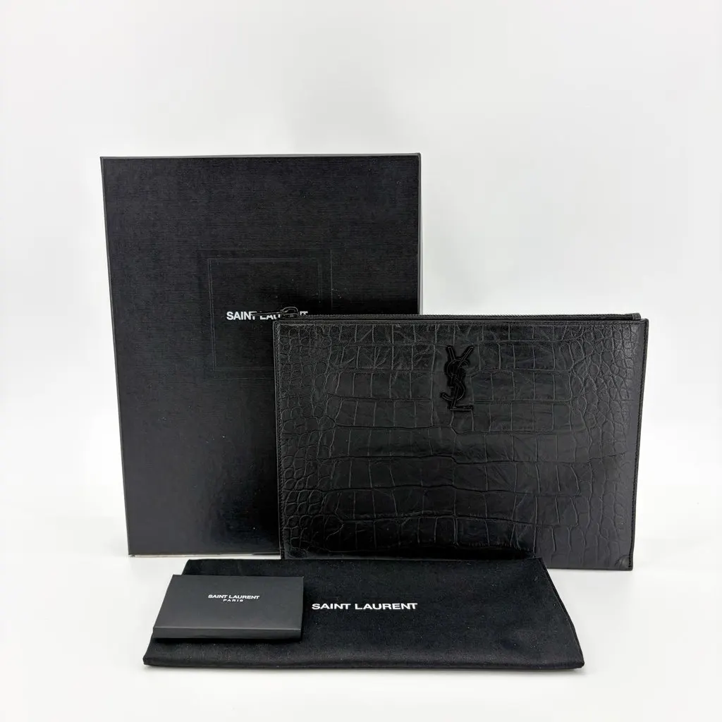 Saint Laurent Monogram Croc-Embossed Leather Document Holder Black Black Leather Very good - Back View