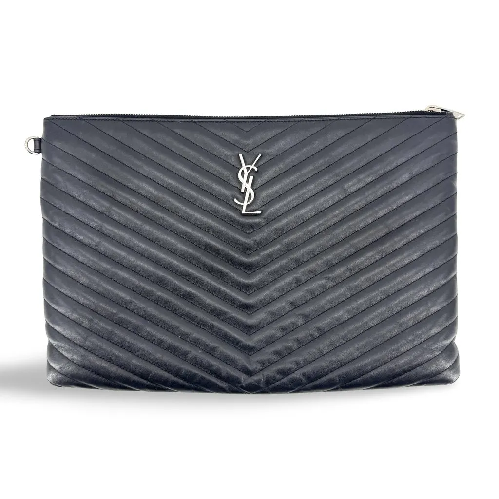 Saint Laurent Monogram Document Holder Clutch Black Silver Black Leather Very good - Front View