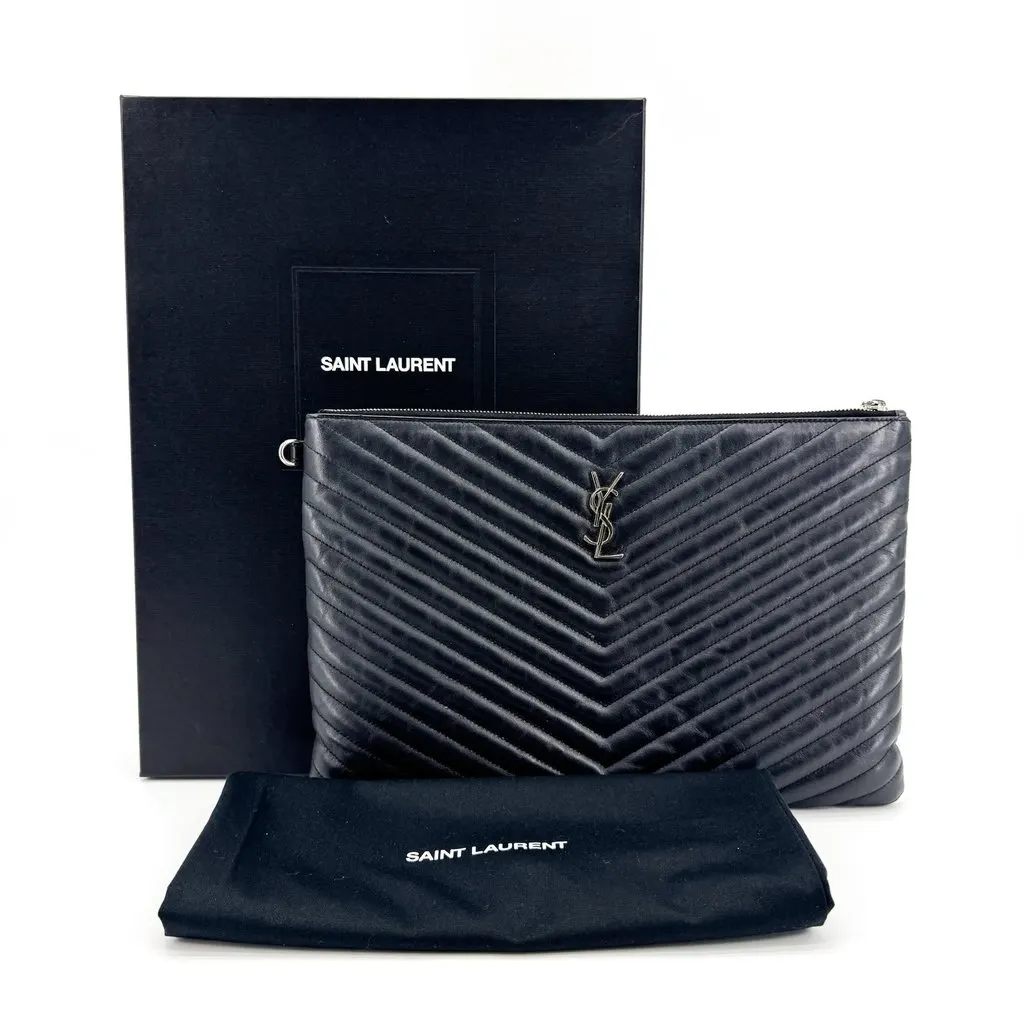 Saint Laurent Monogram Document Holder Clutch Black Silver Black Leather Very good - Back View