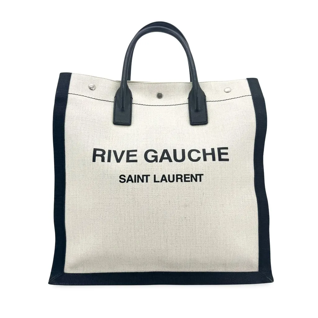 Saint Laurent Rive Gauche Tote Bag in Linen and Leather White Black Black Linen Good - Front View