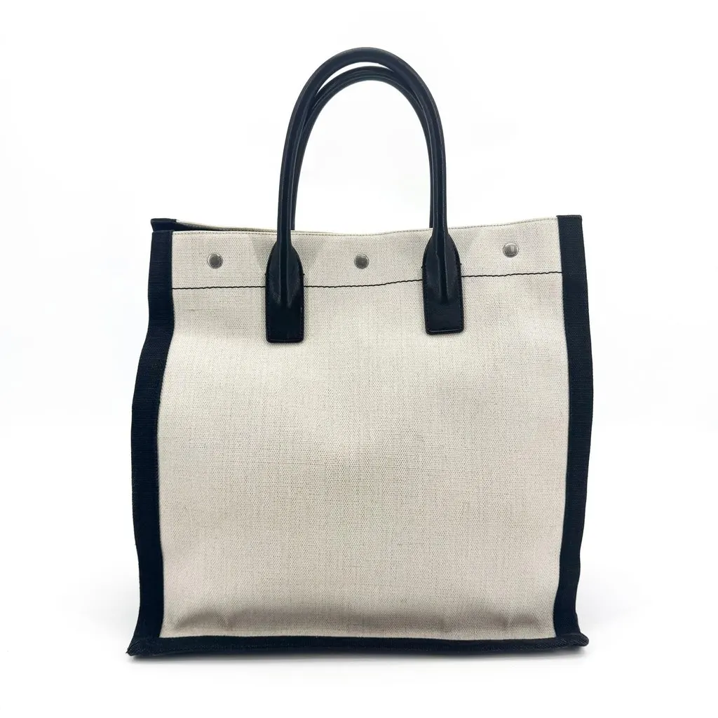 Saint Laurent Rive Gauche Tote Bag in Linen and Leather White Black Black Linen Good - Back View