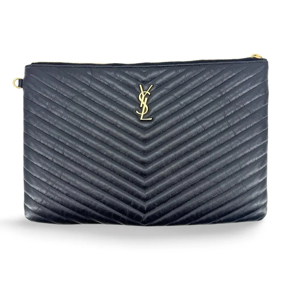 Saint Laurent Monogram Matelasse Large Pouch Black Gold Black Leather Good - Front View