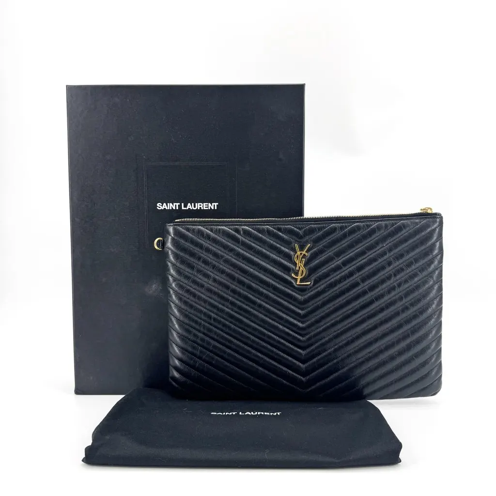 Saint Laurent Monogram Matelasse Large Pouch Black Gold Black Leather Good - Back View