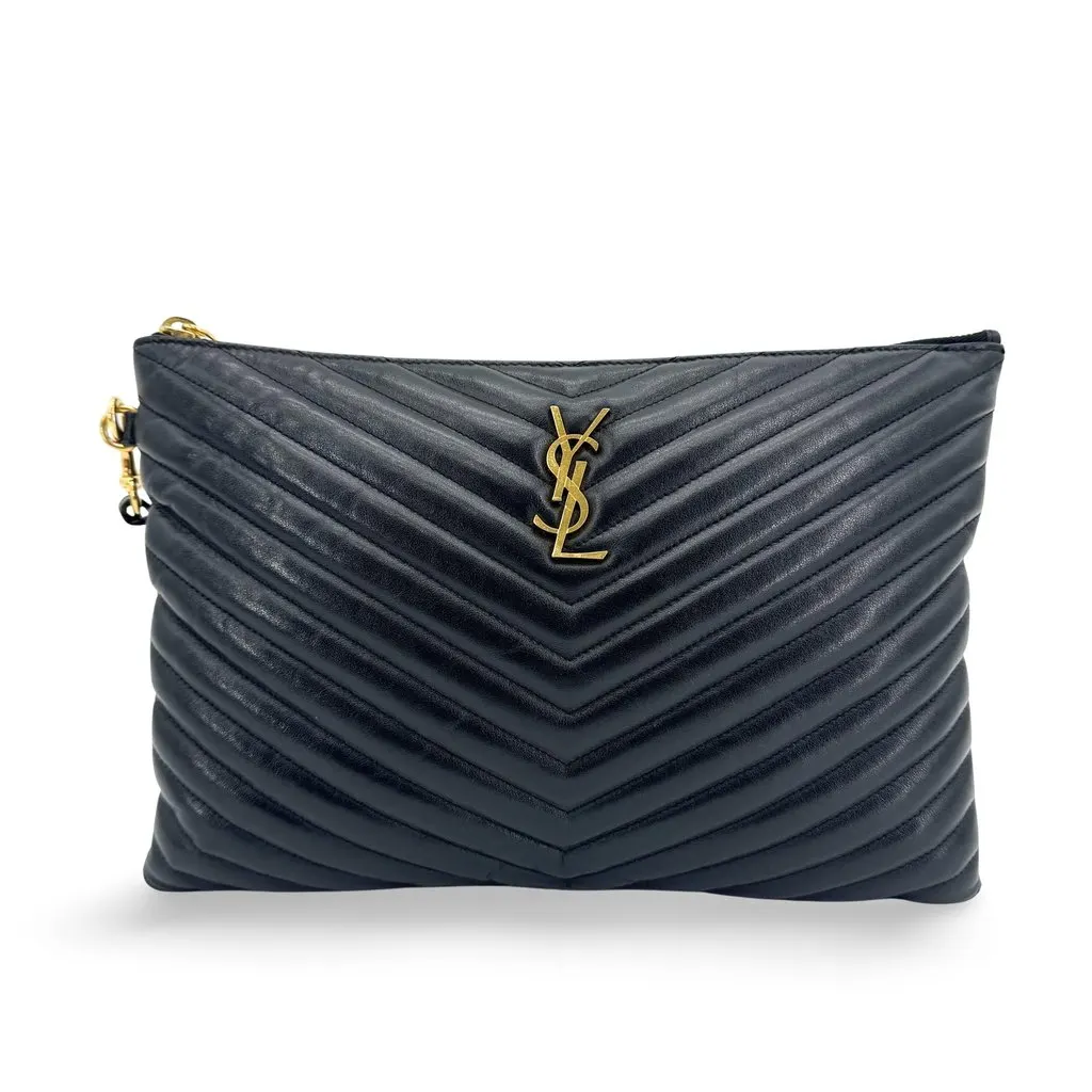 Saint Laurent Monogram Matelasse Tablet Clutch Bag Black Gold Black Leather Very good - Front View