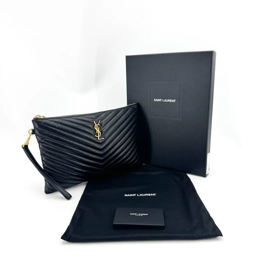 Saint Laurent Monogram Matelasse Tablet Clutch Bag Black Gold Black Leather Very good - Back View
