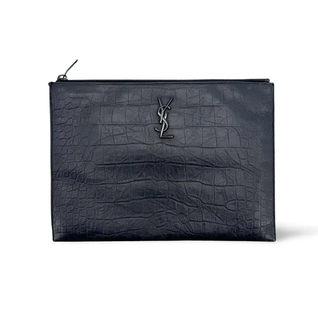 Saint Laurent Monogram Crocodile-Embossed Document Holder Black Black Leather Good - Front View