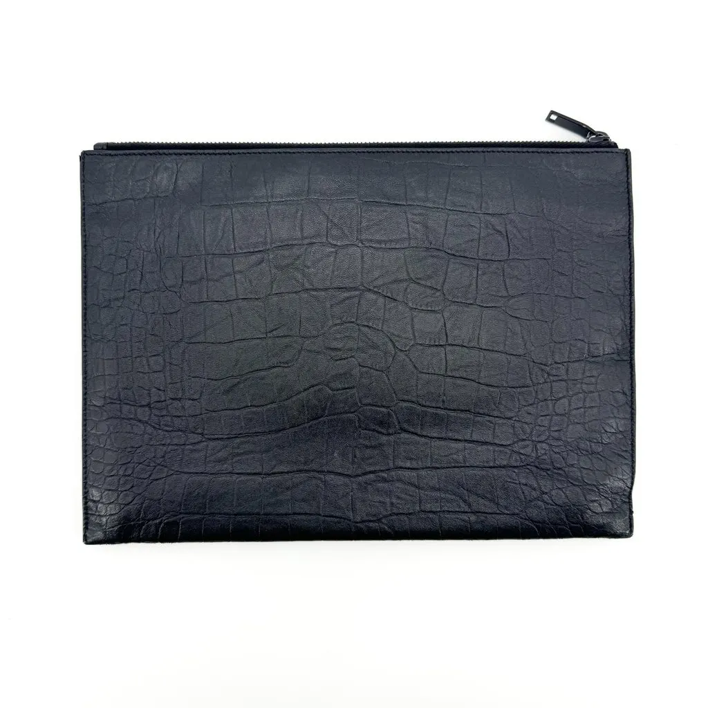 Saint Laurent Monogram Crocodile-Embossed Document Holder Black Black Leather Good - Back View