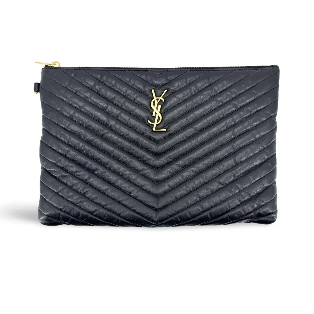 Saint Laurent Monogram Matelasse Quilted Document Holder Black Gold Black Leather Good - Front View