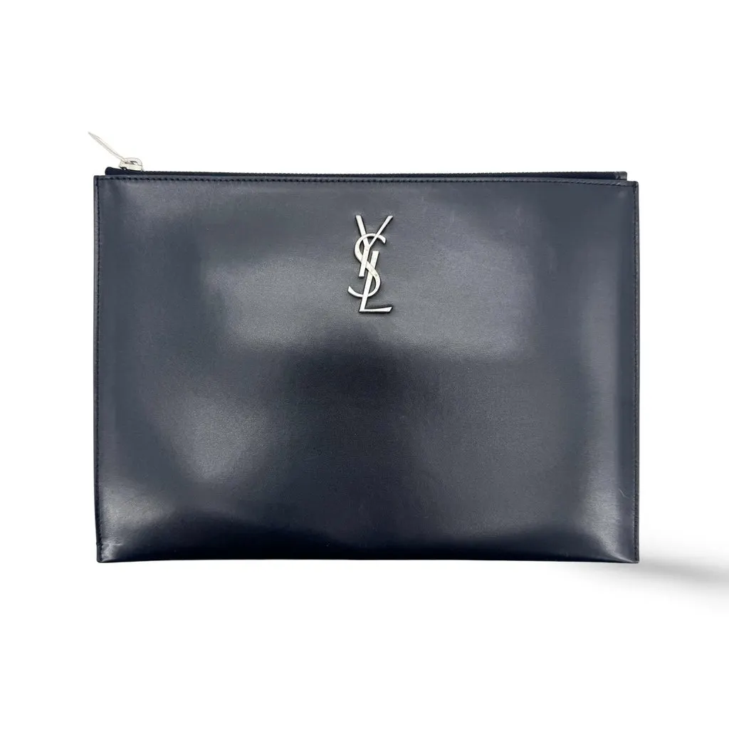 Saint Laurent Monogram Tablet Holder Clutch Bag Black Silver Black Leather Good - Front View