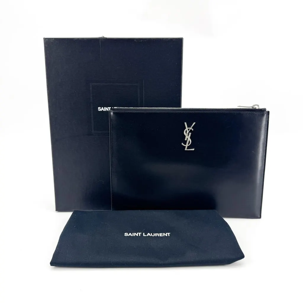 Saint Laurent Monogram Tablet Holder Clutch Bag Black Silver Black Leather Good - Back View