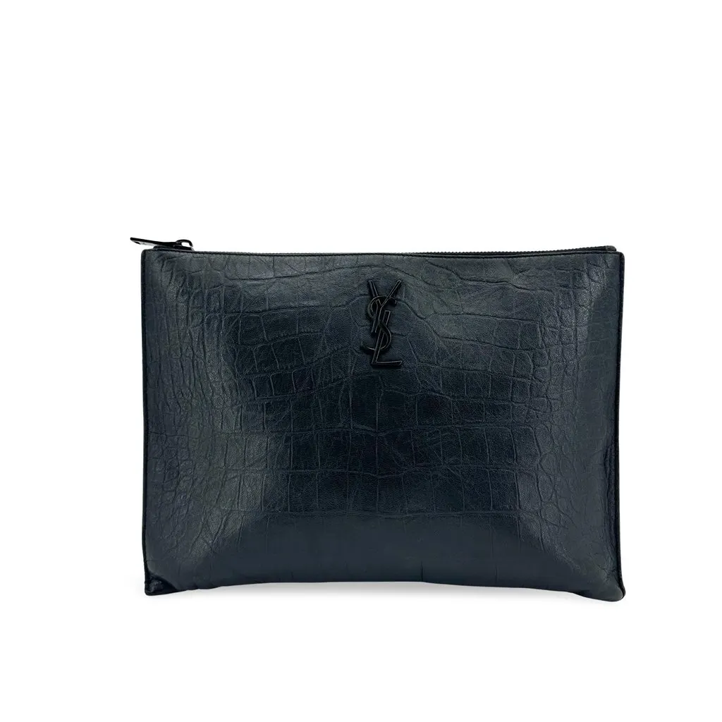 Saint Laurent Monogram Pouch in Crocodile Embossed Leather Black Black Leather Good - Front View