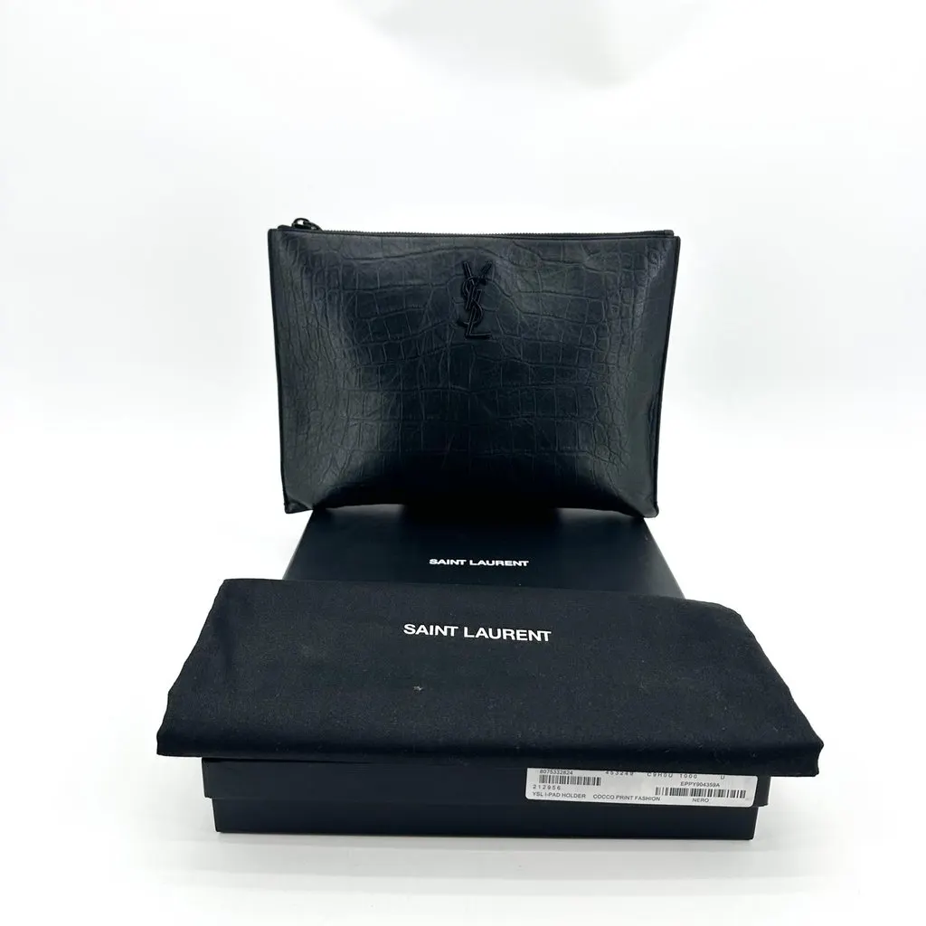 Saint Laurent Monogram Pouch in Crocodile Embossed Leather Black Black Leather Good - Back View