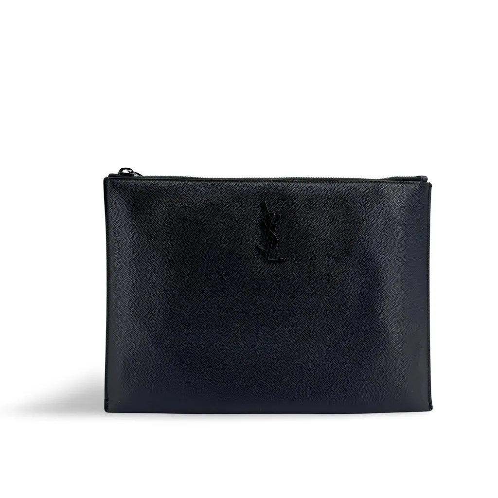Saint Laurent Monogram Pouch in Grain de Poudre Embossed Leather Black Hardware Black Black Leather Good - Front View